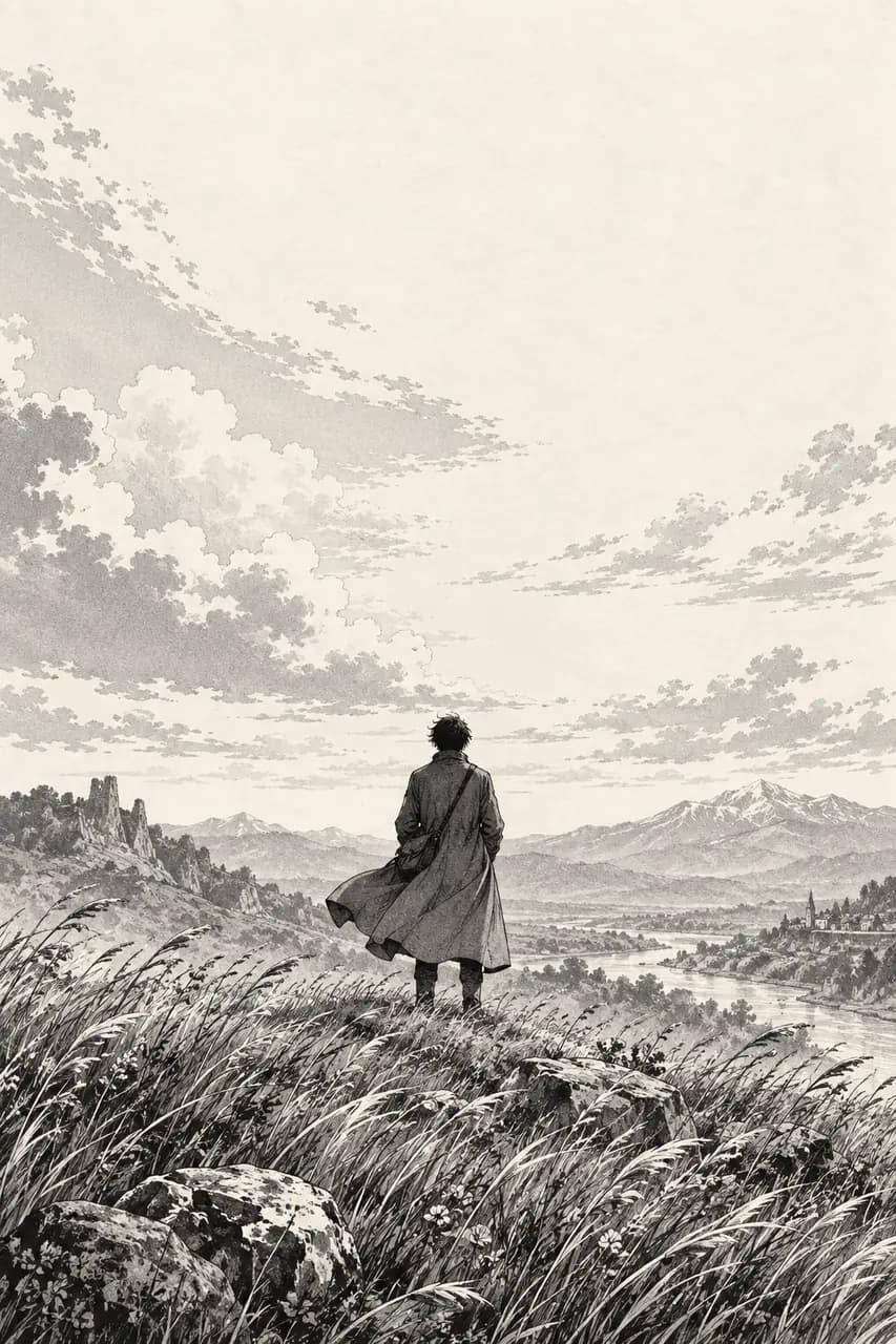 Original manga illustration of a traveler overlooking a valley; not an official book cover.