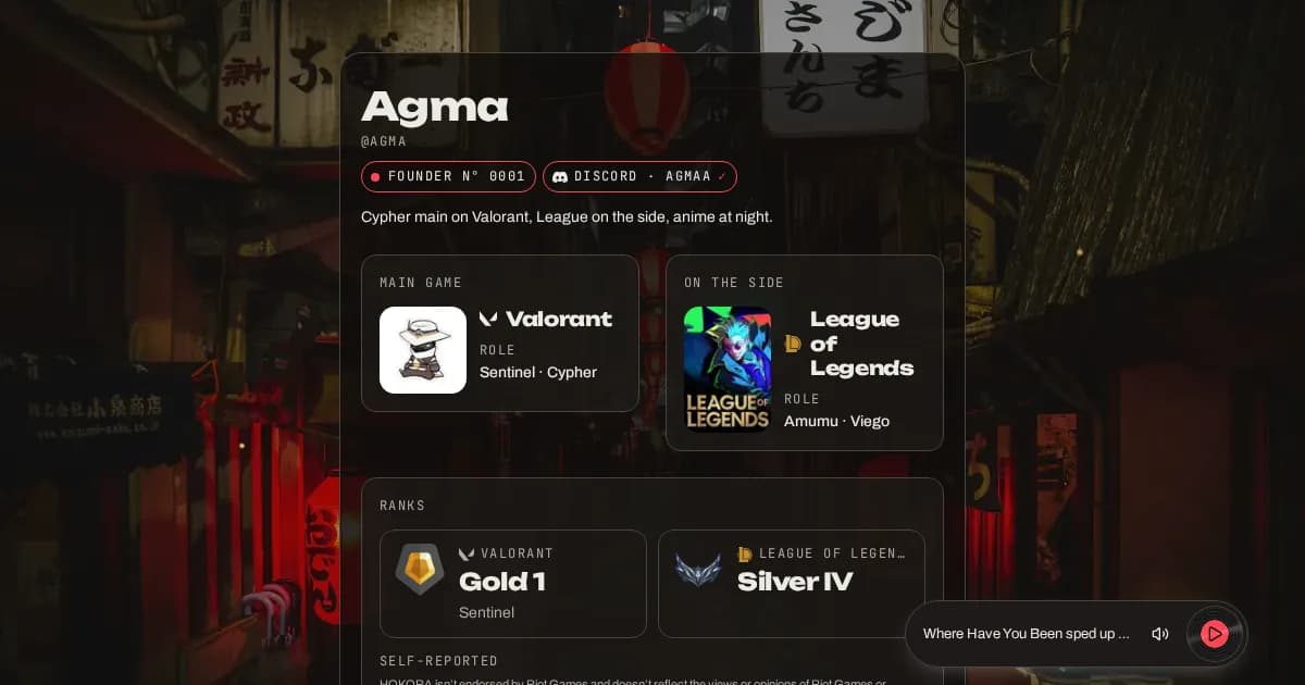 The share card of hokora.page/agma: the page itself, with its games, ranks and Discord.