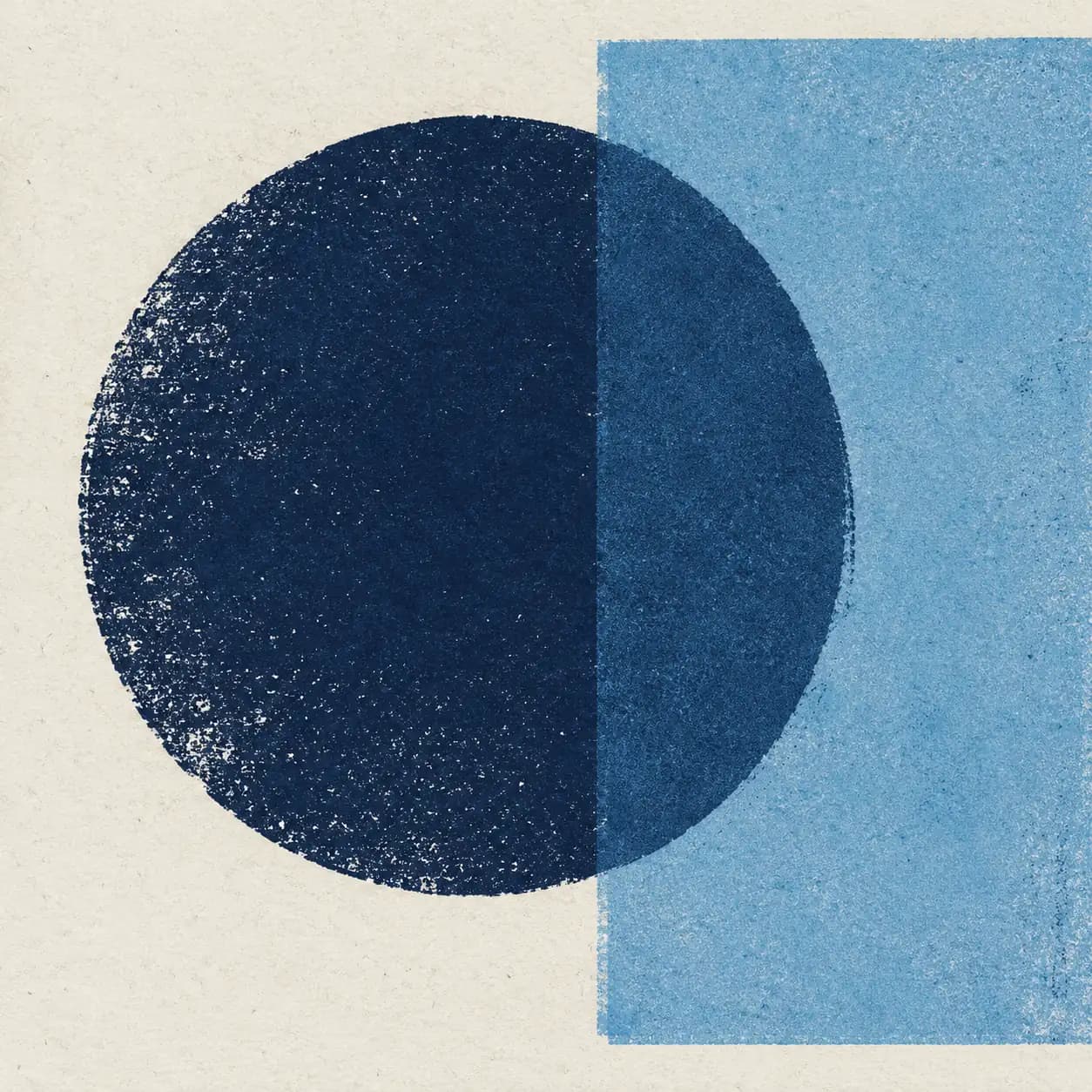 Original abstract artwork: navy circle and blue rectangle on textured ivory paper; not an official album cover.