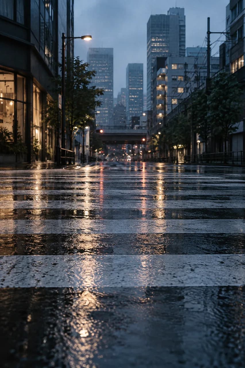 Wet zebra crossing in a quiet city street at blue hour.