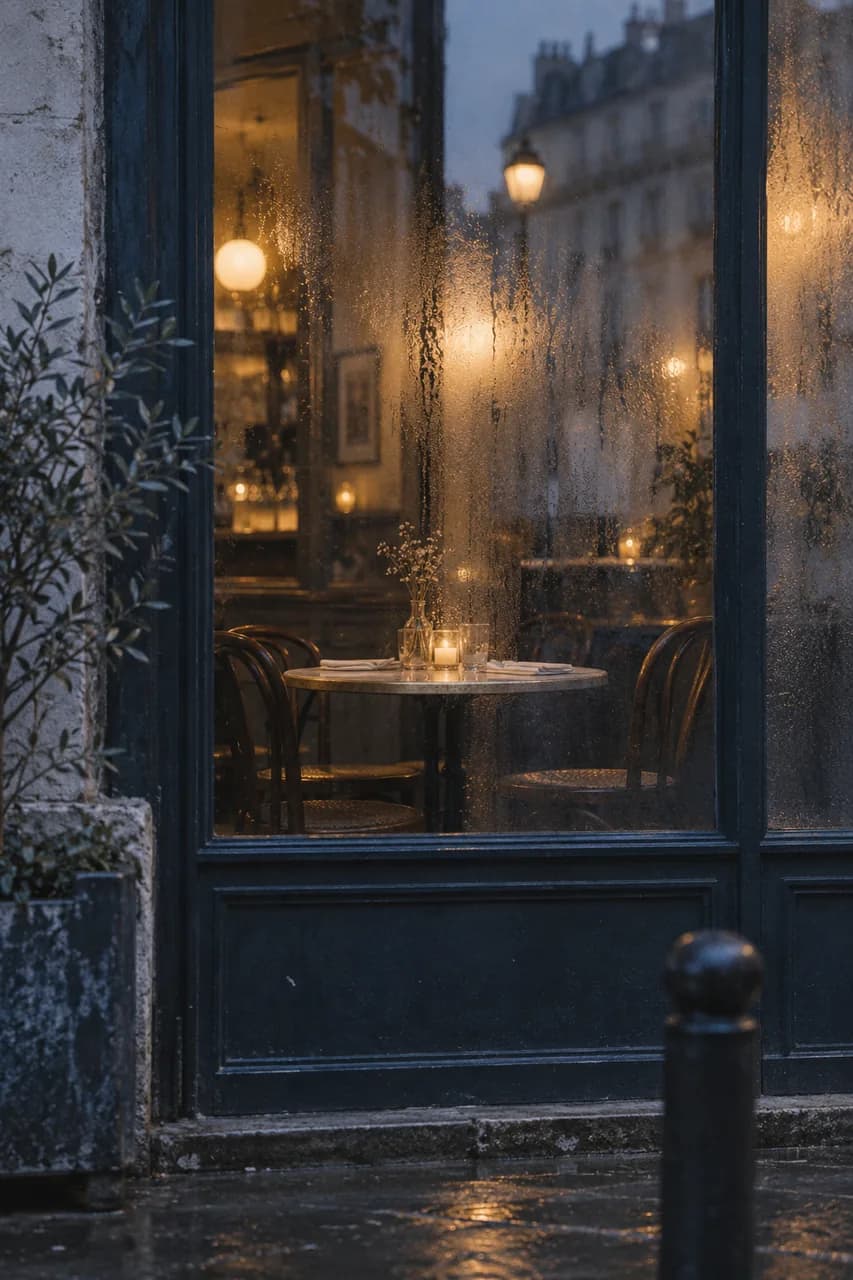 A café window covered in condensation, with an empty table inside.