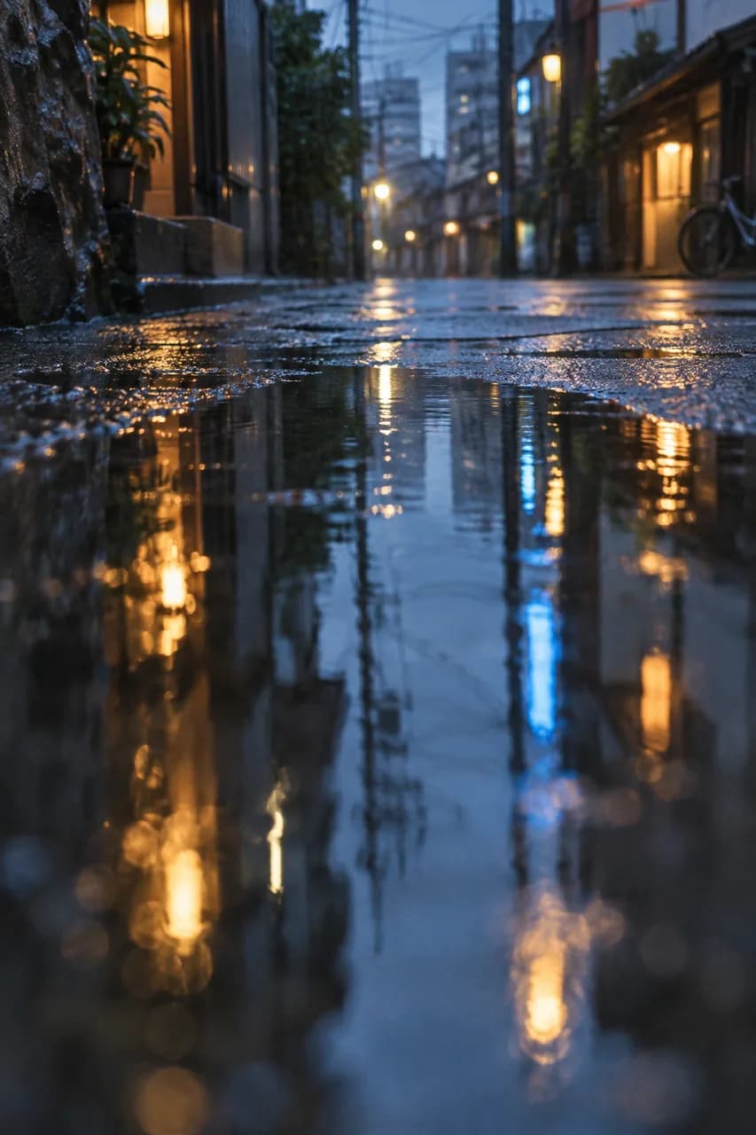 Blue and amber lights reflected in a puddle on a quiet street.