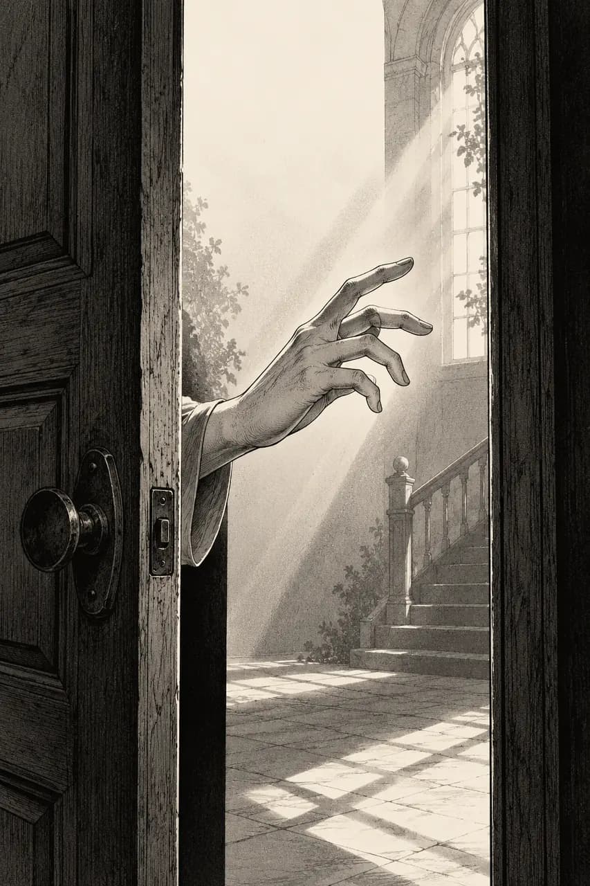 Original manga illustration of a hand reaching through a doorway into light; not an official book cover.