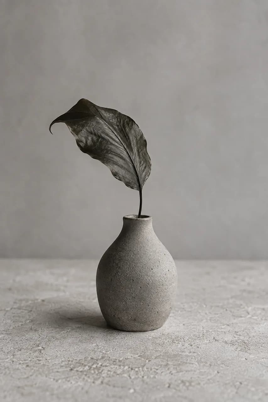 A single dark leaf in a small ceramic vase on a pale stone surface.