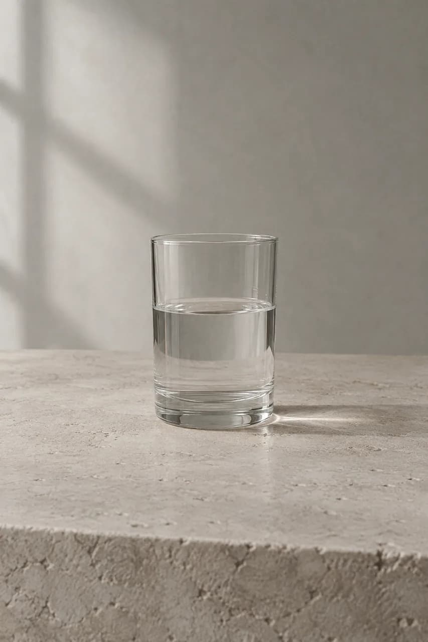 A clear glass half filled with water in soft window light.