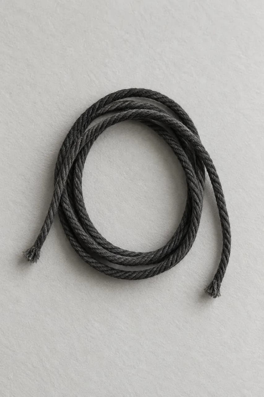 Dark cotton cord loosely coiled on textured pale paper.