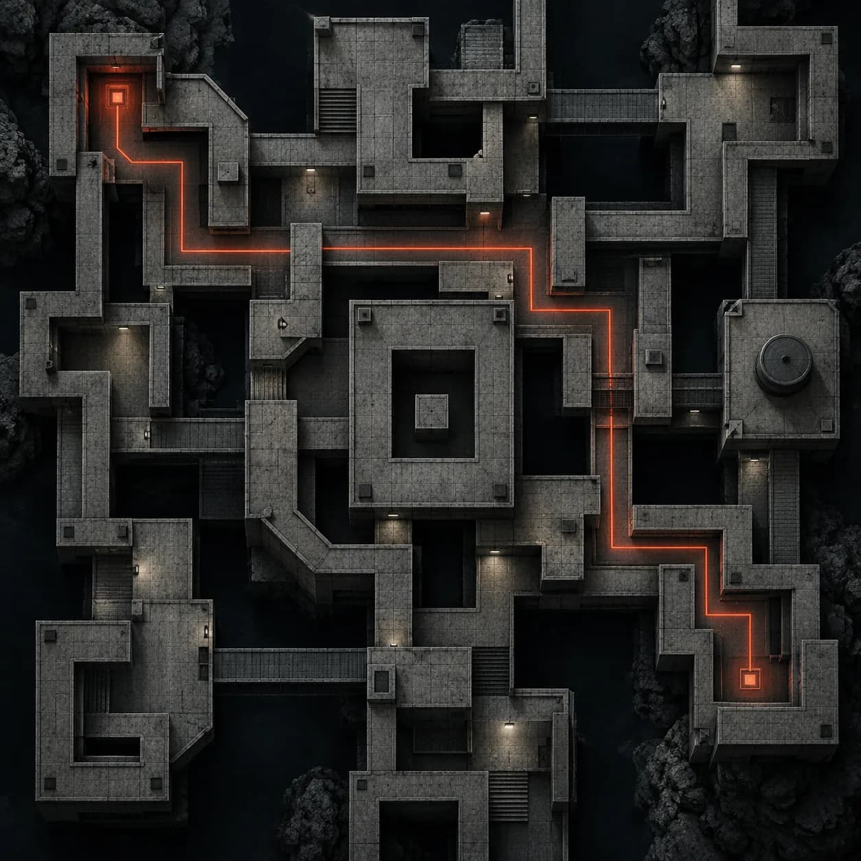Original fictional architectural maze with an orange route; not artwork from the game.