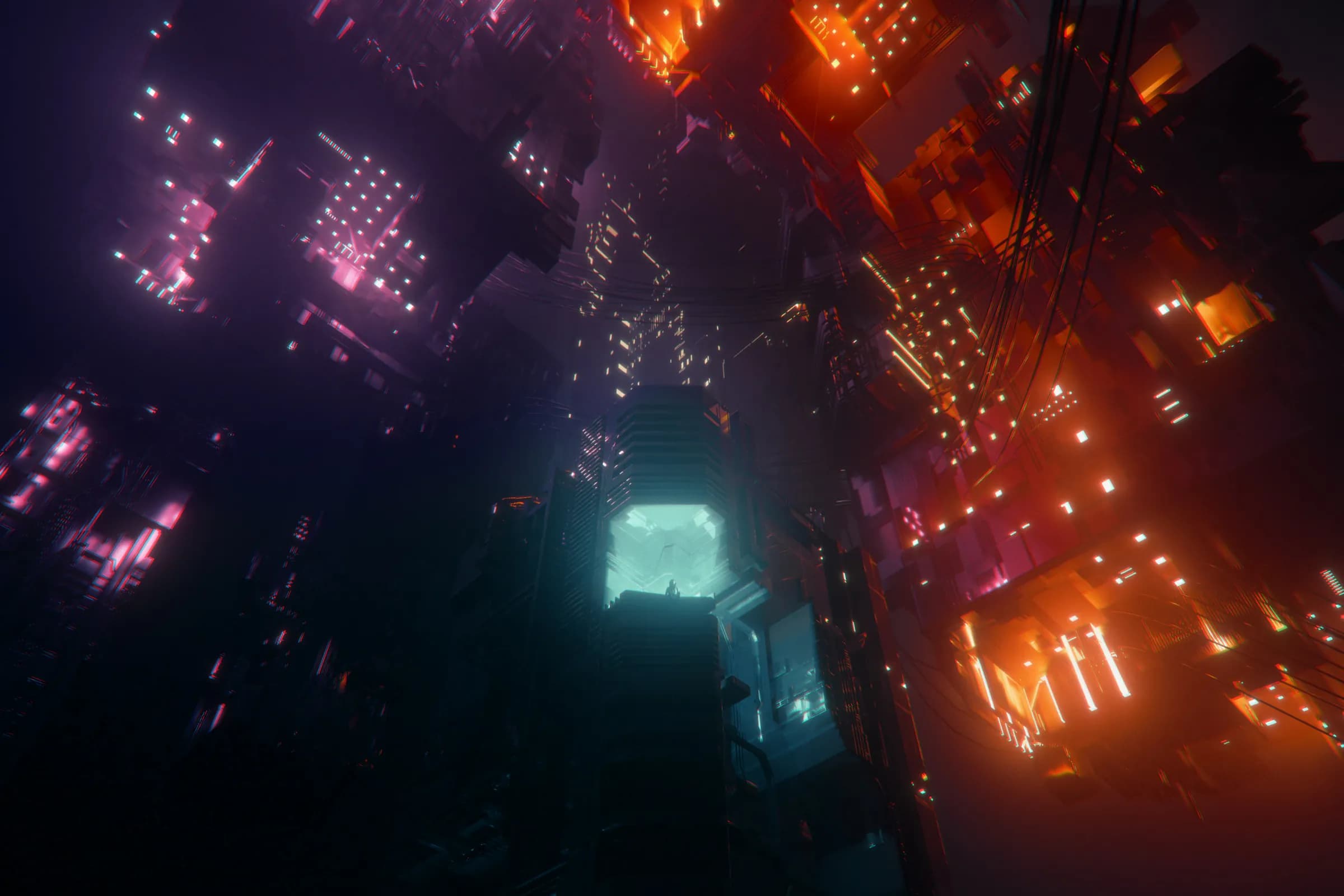 A digital city seen from above, lit in violet and orange.
