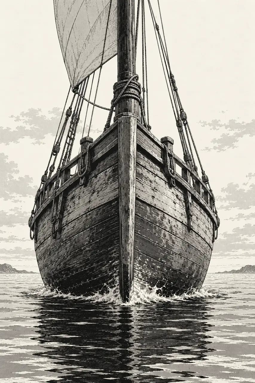 Original manga illustration of a wooden ship seen from the bow; not an official book cover.